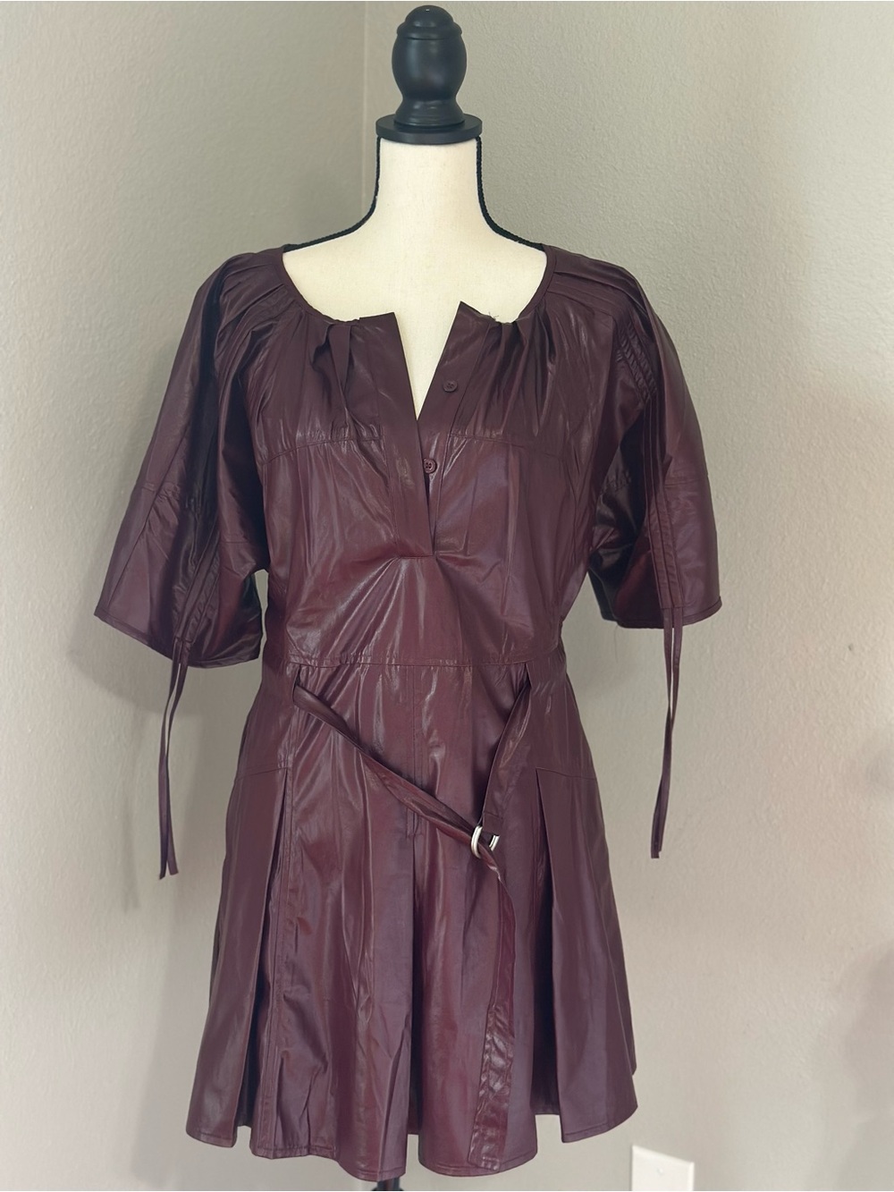 Women’s Burgundy Short Sleeve Faux Leather Dress with Waist Tie